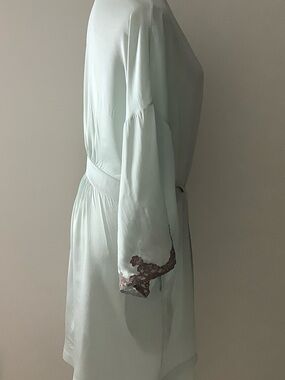 Mint Satin Wrap Robe with Brown Lace Trim - Women Intimates